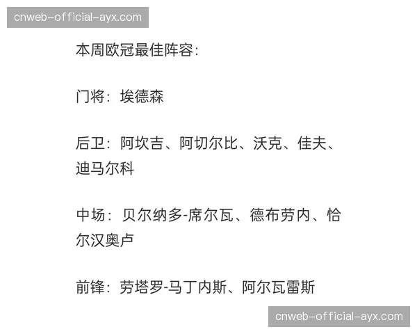 欧足联公布本周欧冠最佳阵容，曼城四将入选